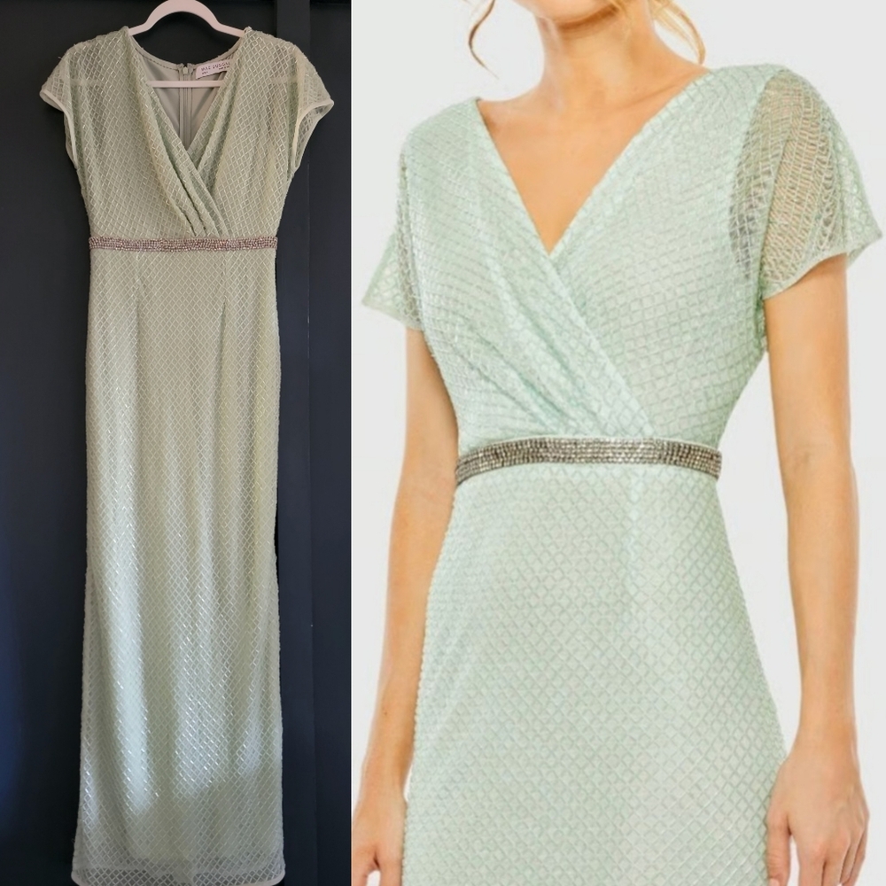 NWT Mac Duggal 93995 Green Short Sleeve Beaded Column Gown Back Slit Size 4 Sage